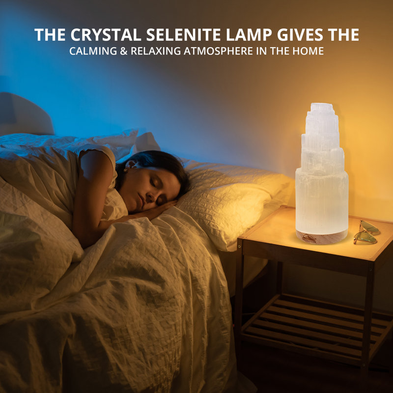 20cm Selenite Crystal Desk Lamp with Wooden Base - White