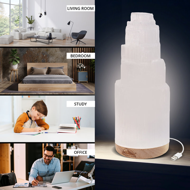 20cm Selenite Crystal Desk Lamp with Wooden Base - White
