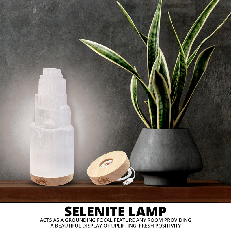 20cm Selenite Crystal Desk Lamp with Wooden Base - White