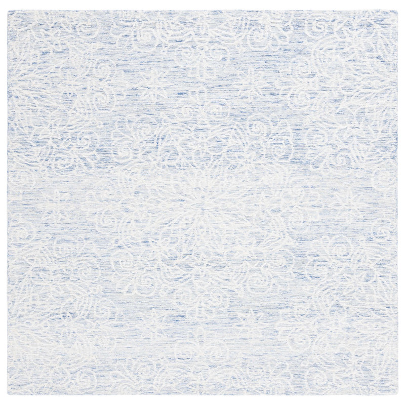 Elegant Blue and Ivory Square Hand-Tufted Wool Rug, 6' x 6'