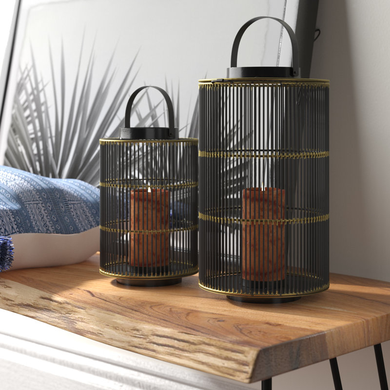 Black and Gold Metal Hanging Candle Lantern Set