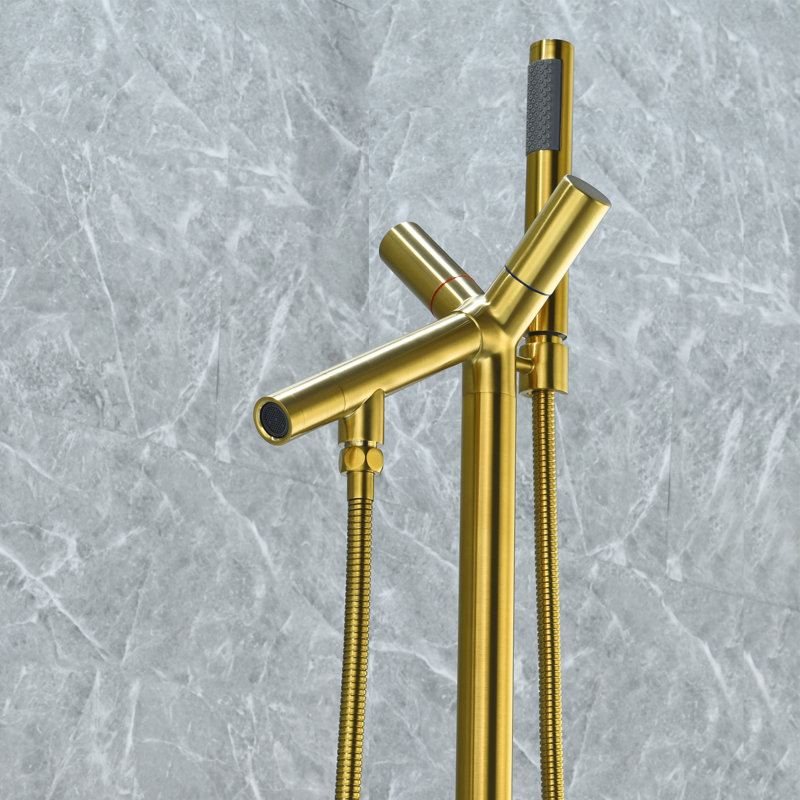 Brushed Gold Stainless Steel Freestanding Tub Filler with Handshower