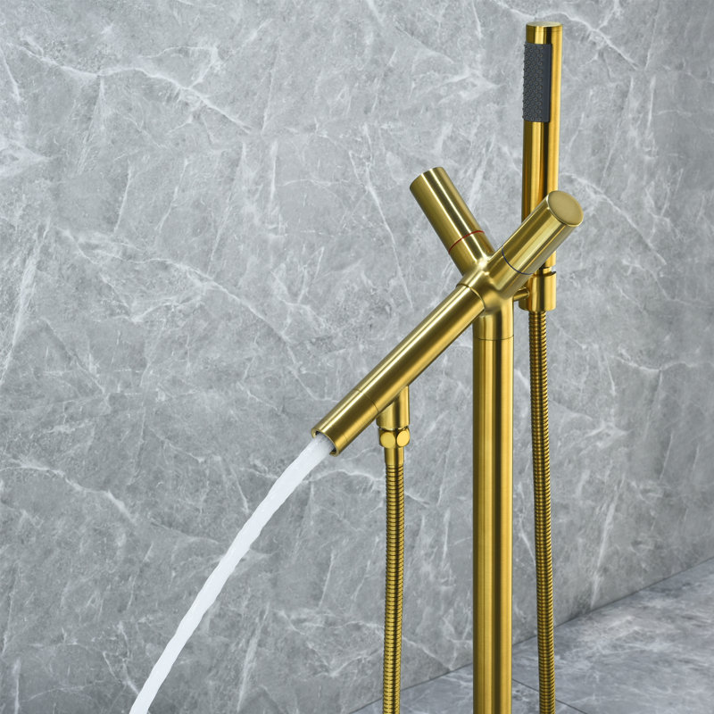 Brushed Gold Stainless Steel Freestanding Tub Filler with Handshower