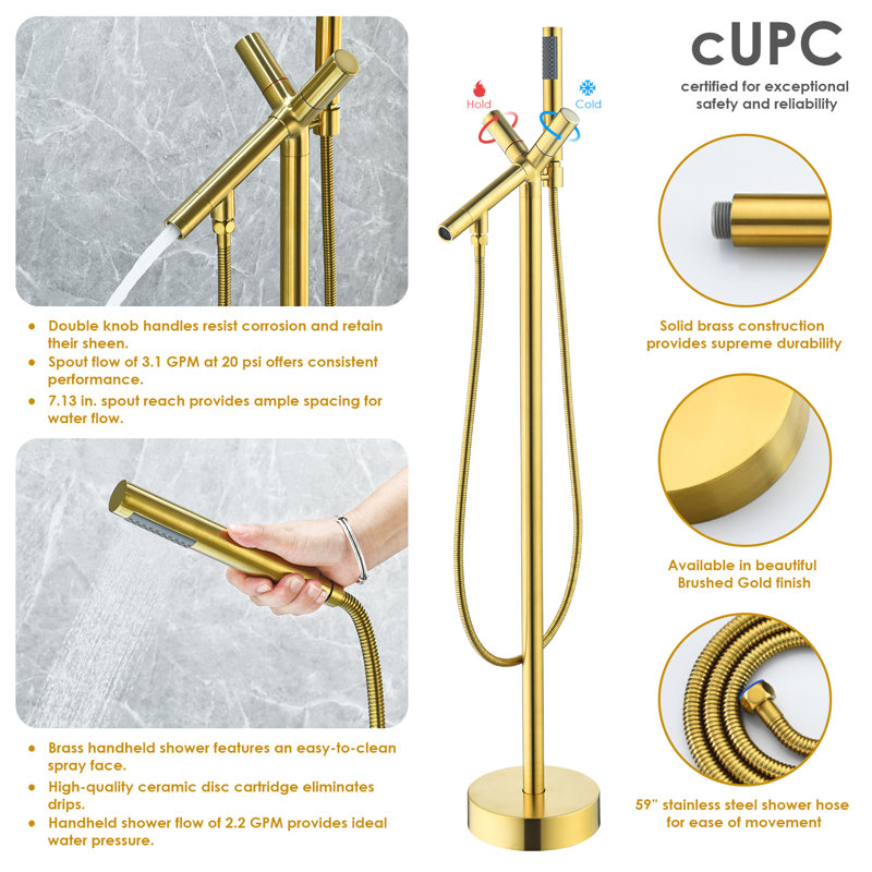 Brushed Gold Stainless Steel Freestanding Tub Filler with Handshower