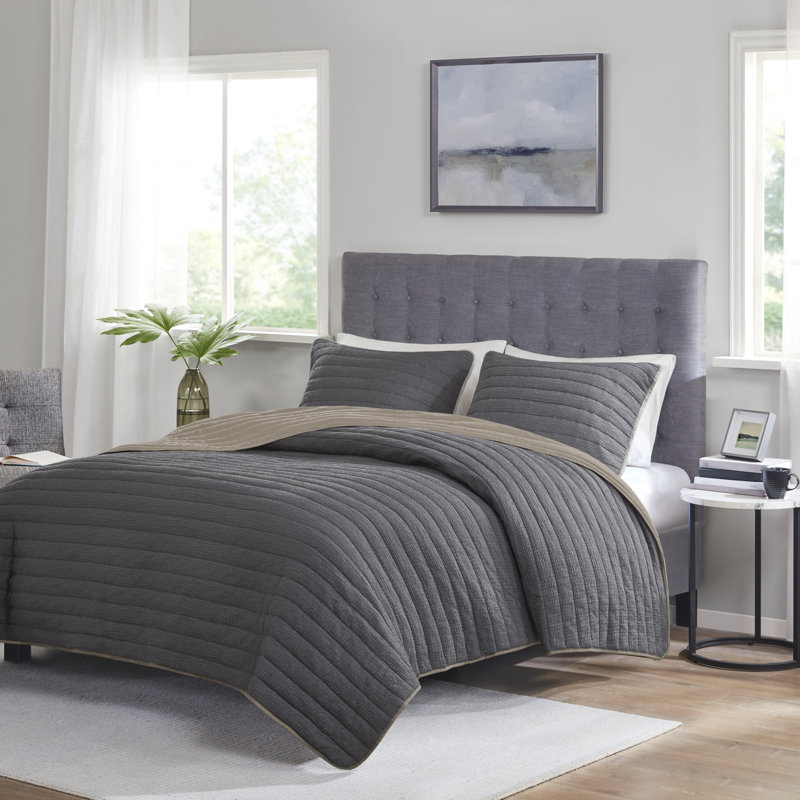 Charcoal King Reversible Microfiber 3-Piece Quilt Set