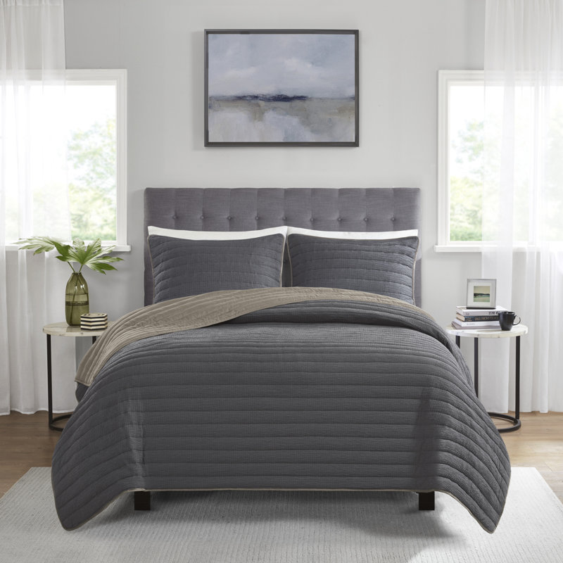 Charcoal King Reversible Microfiber 3-Piece Quilt Set