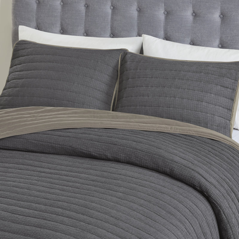 Charcoal King Reversible Microfiber 3-Piece Quilt Set