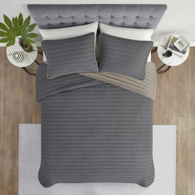 Charcoal King Reversible Microfiber 3-Piece Quilt Set