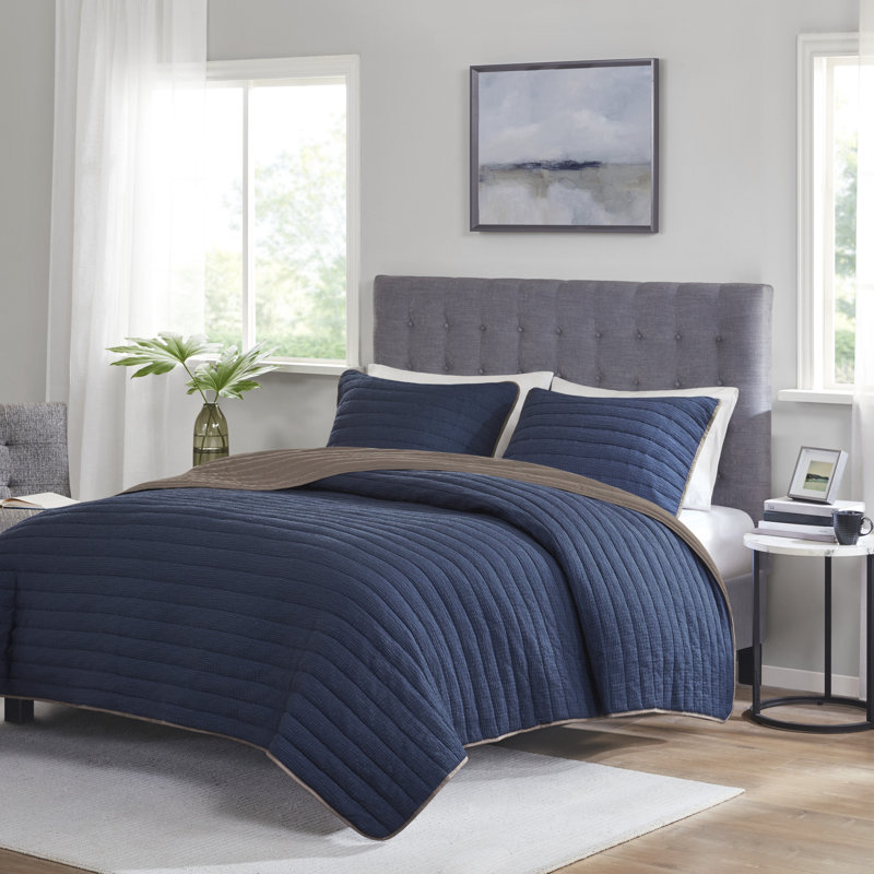 Navy and Brown Reversible Microfiber Full Quilt Set