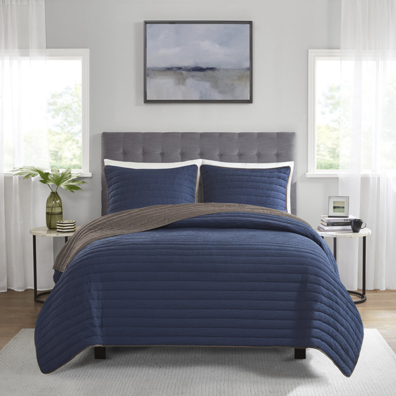 Navy and Brown Reversible Microfiber Full Quilt Set