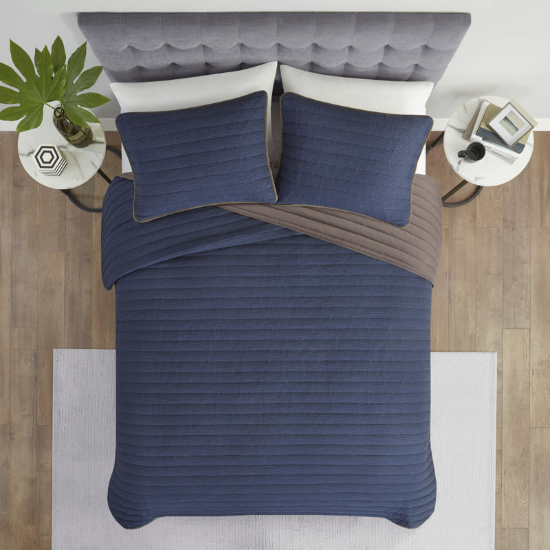 Navy and Brown Reversible Microfiber Full Quilt Set
