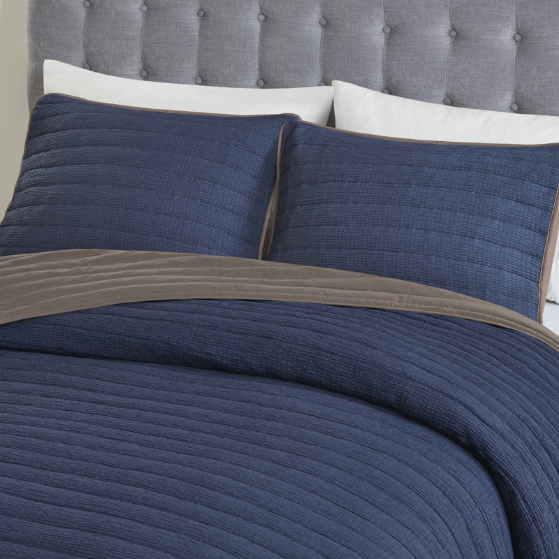 Navy and Brown Reversible Microfiber Full Quilt Set