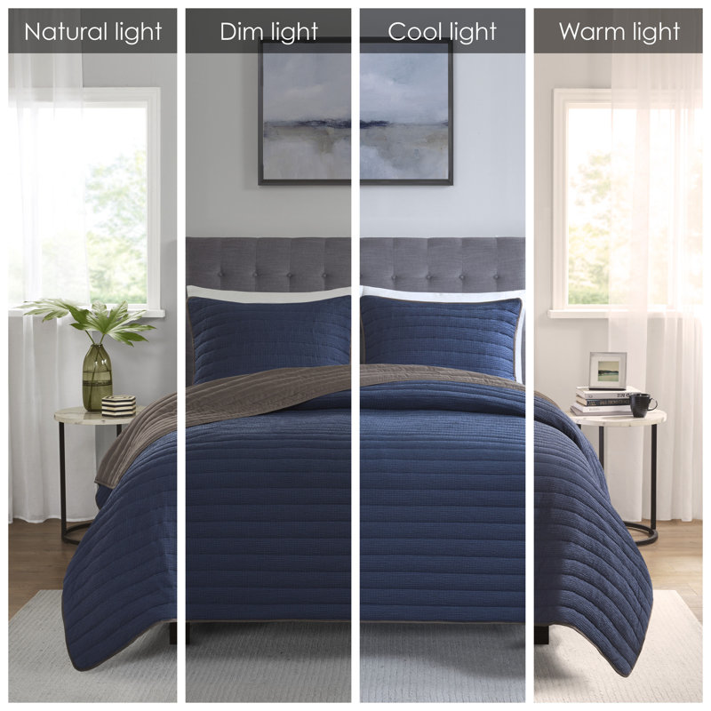 Navy and Brown Reversible Microfiber Full Quilt Set