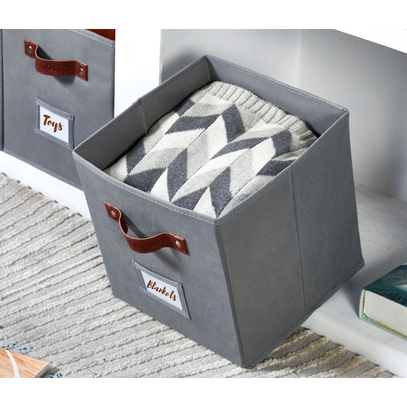 Gray Fabric Storage Bins with Handles and Labels, Set of 6