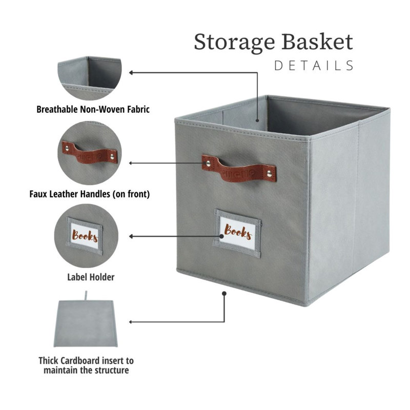 Gray Fabric Storage Bins with Handles and Labels, Set of 6