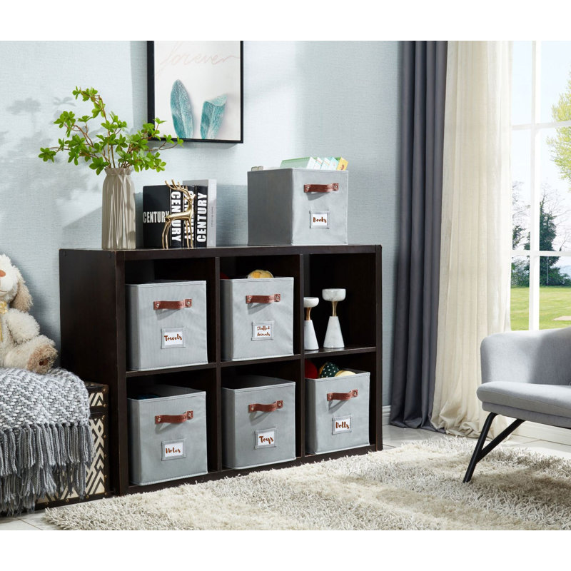 Gray Fabric Storage Bins with Handles and Labels, Set of 6