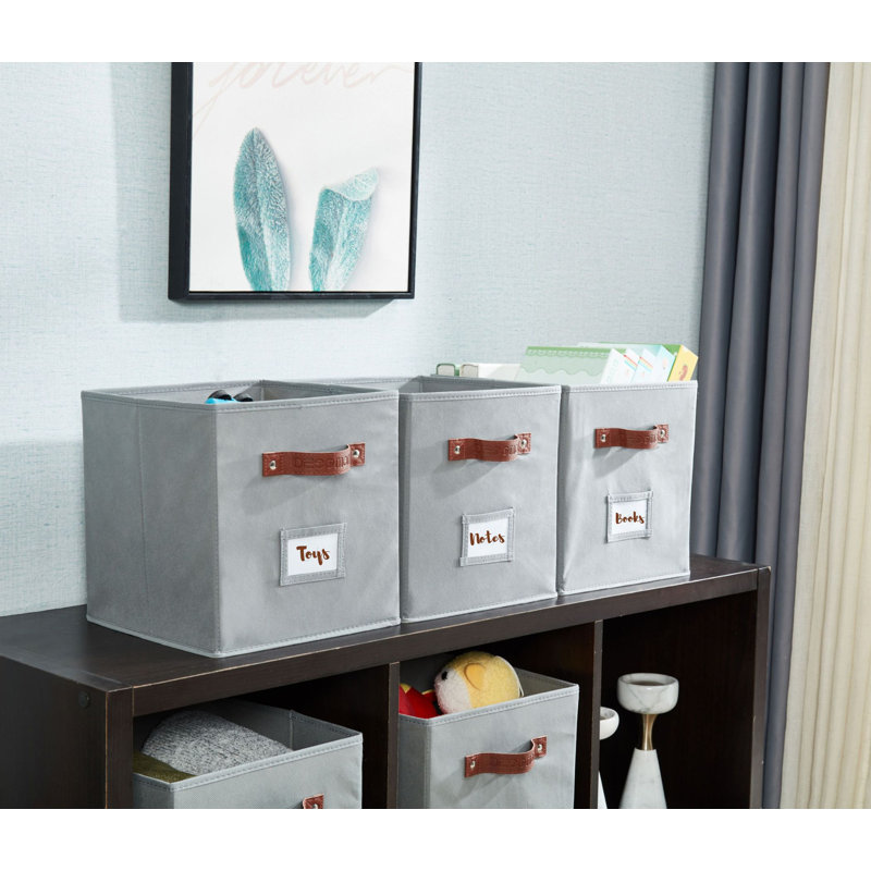 Gray Fabric Storage Bins with Handles and Labels, Set of 6