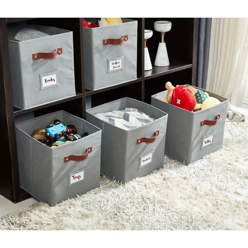 Gray Fabric Storage Bins with Handles and Labels, Set of 6