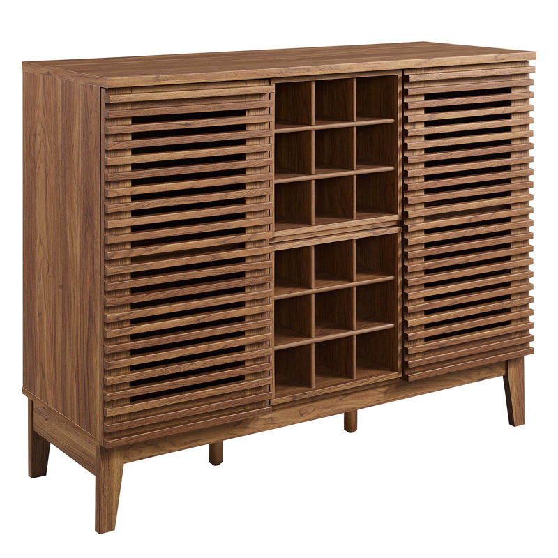 Mid-Century Walnut Grain Laminate Bar Cabinet with Wine Rack