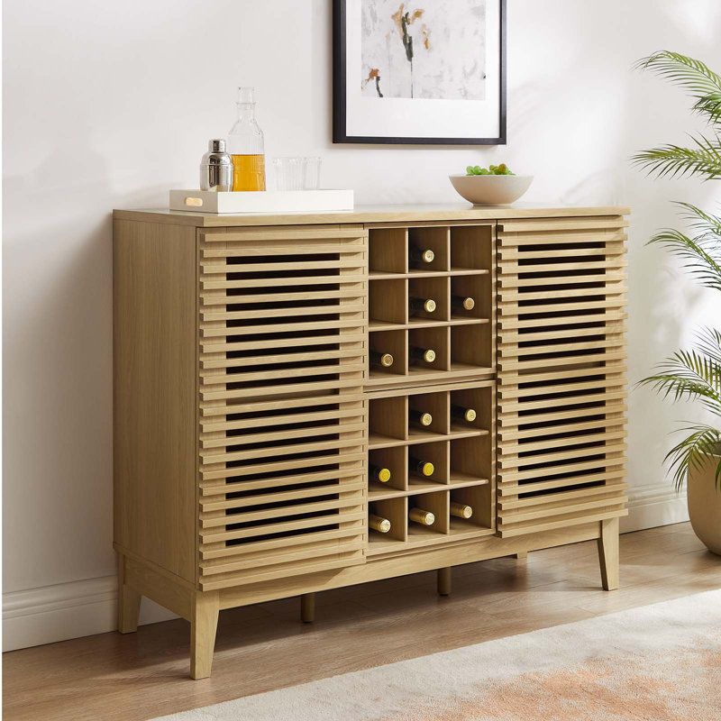 Mid-Century Slatted Oak Bar Cabinet with Integrated Wine Rack