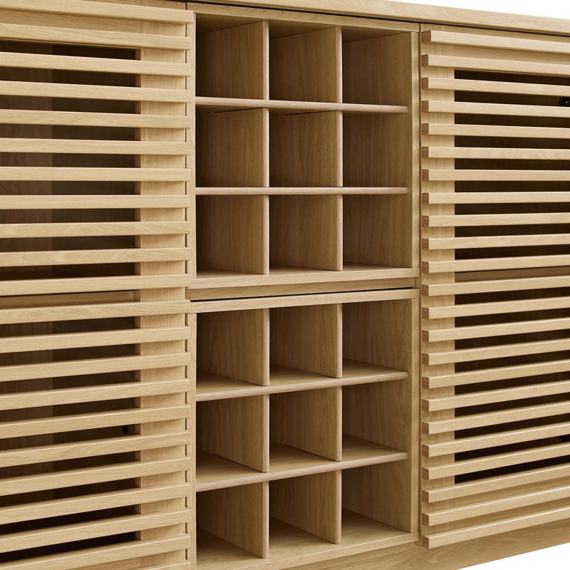 Mid-Century Slatted Oak Bar Cabinet with Integrated Wine Rack