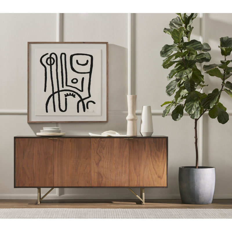 Modern Black and White Abstract Canvas Painting with Walnut Frame