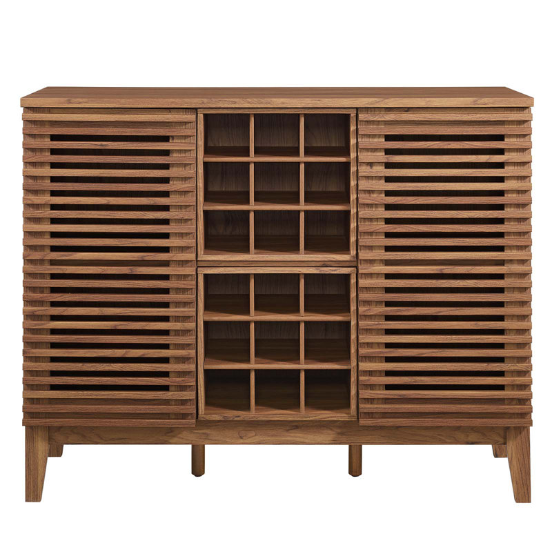 Mid-Century Walnut Grain Laminate Bar Cabinet with Wine Rack