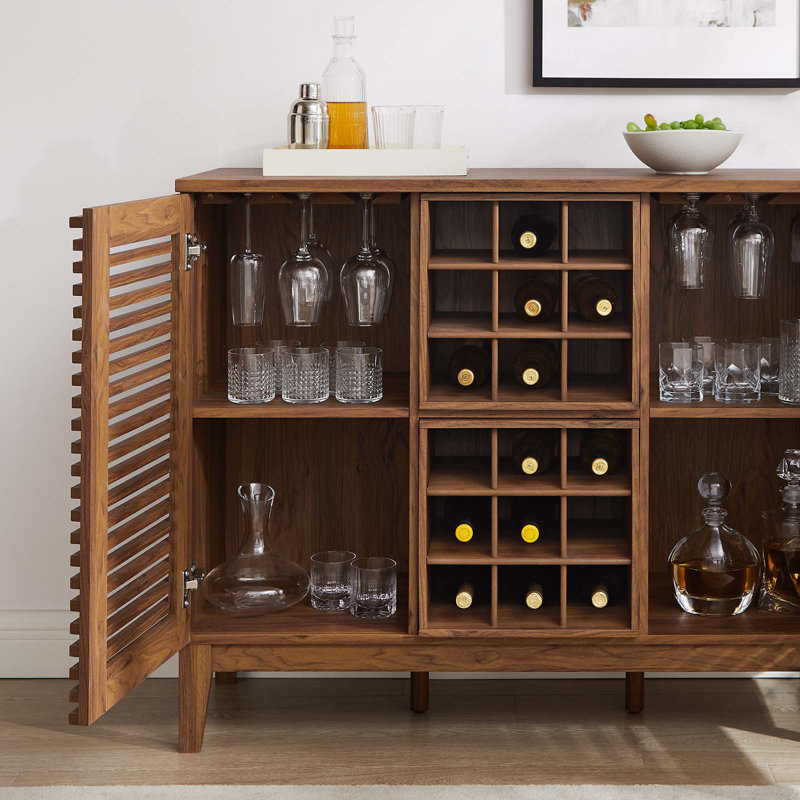 Mid-Century Walnut Grain Laminate Bar Cabinet with Wine Rack