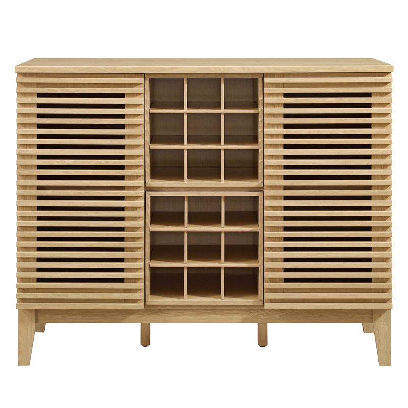 Mid-Century Slatted Oak Bar Cabinet with Integrated Wine Rack