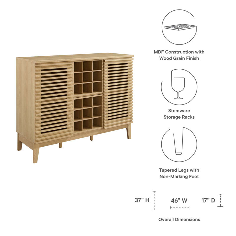 Mid-Century Slatted Oak Bar Cabinet with Integrated Wine Rack