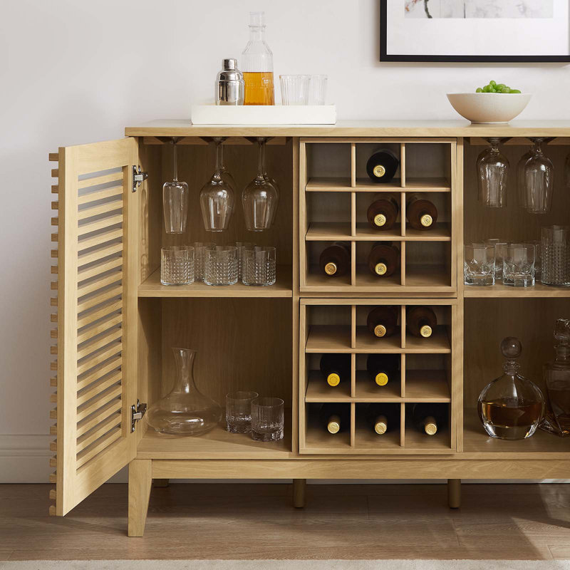 Mid-Century Slatted Oak Bar Cabinet with Integrated Wine Rack