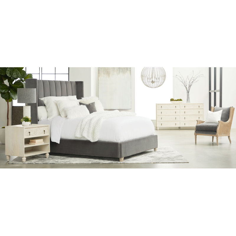 Gray Velvet Upholstered Queen Bed with Oak Frame