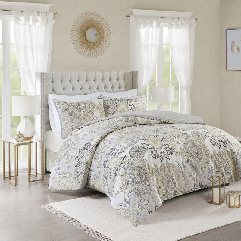 King/Cal King Yellow Cotton Floral Reversible Duvet Set