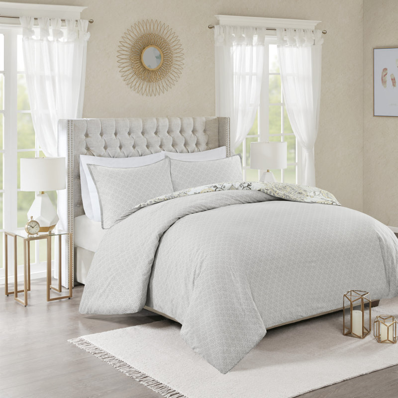King/Cal King Yellow Cotton Floral Reversible Duvet Set