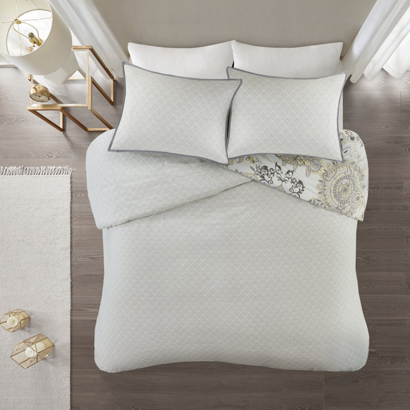 King/Cal King Yellow Cotton Floral Reversible Duvet Set
