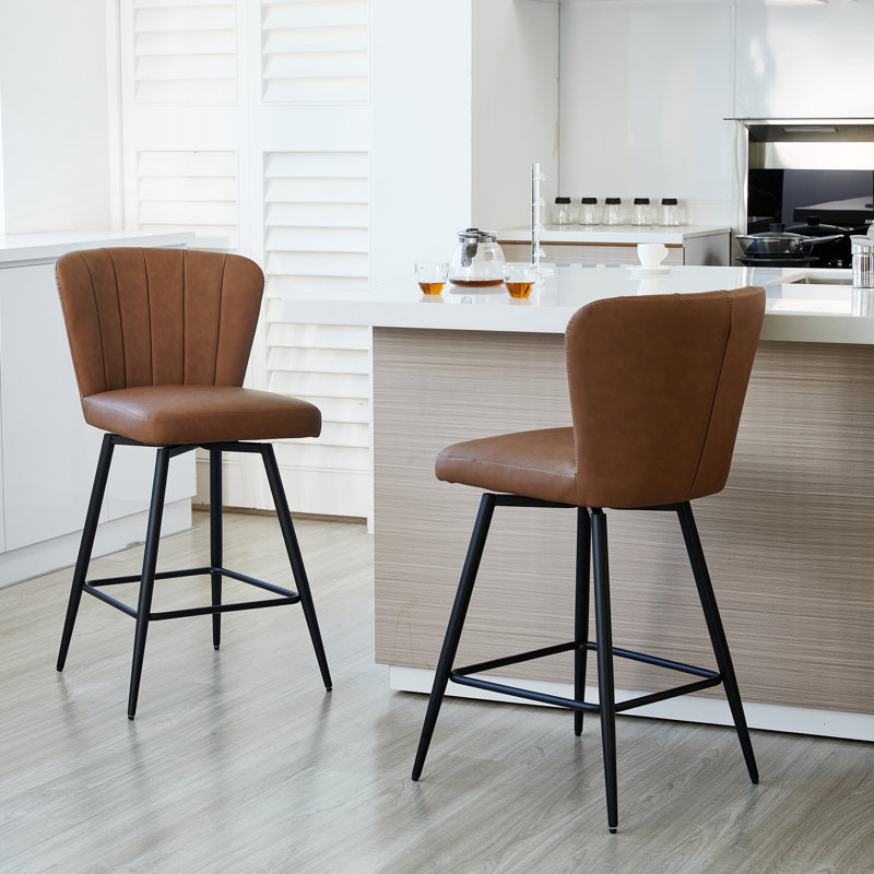 Brown Leather Upholstered Bar Stools with Steel Legs, Set of 2
