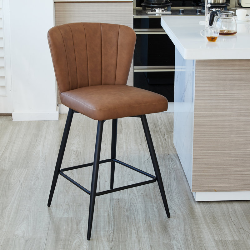 Brown Leather Upholstered Bar Stools with Steel Legs, Set of 2