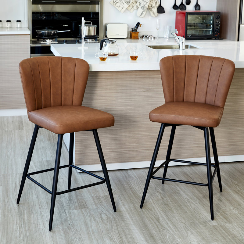 Brown Leather Upholstered Bar Stools with Steel Legs, Set of 2