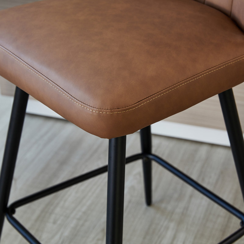 Brown Leather Upholstered Bar Stools with Steel Legs, Set of 2