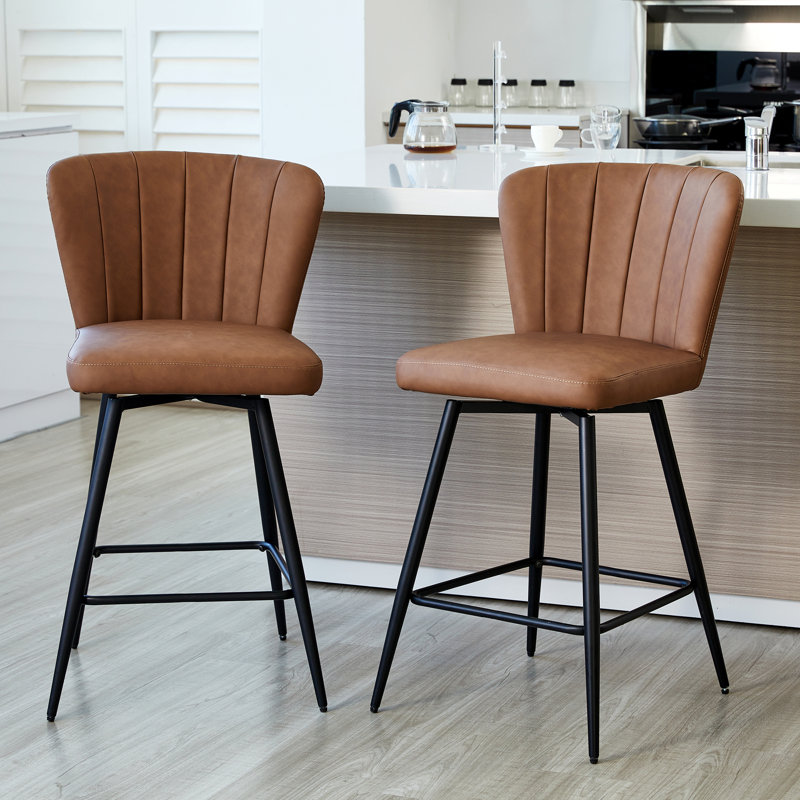 Brown Leather Upholstered Bar Stools with Steel Legs, Set of 2