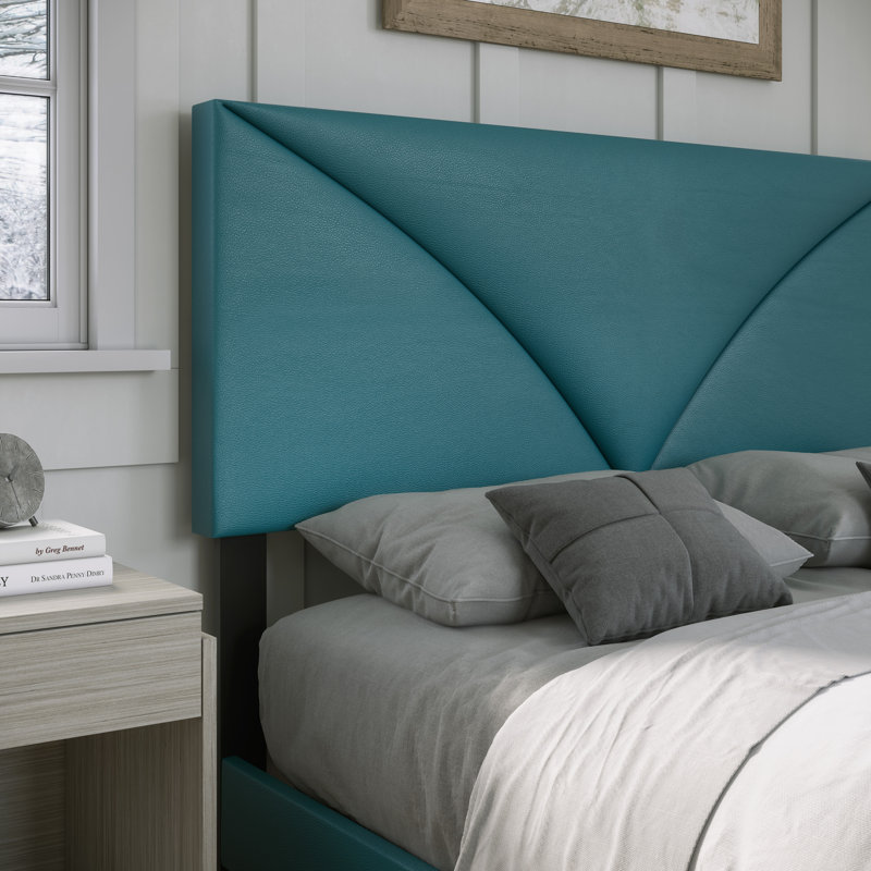 Teal Faux Leather Queen Platform Bed with Upholstered Headboard