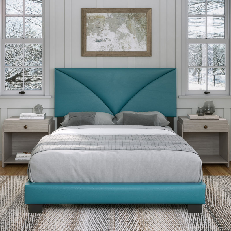 Teal Faux Leather Queen Platform Bed with Upholstered Headboard