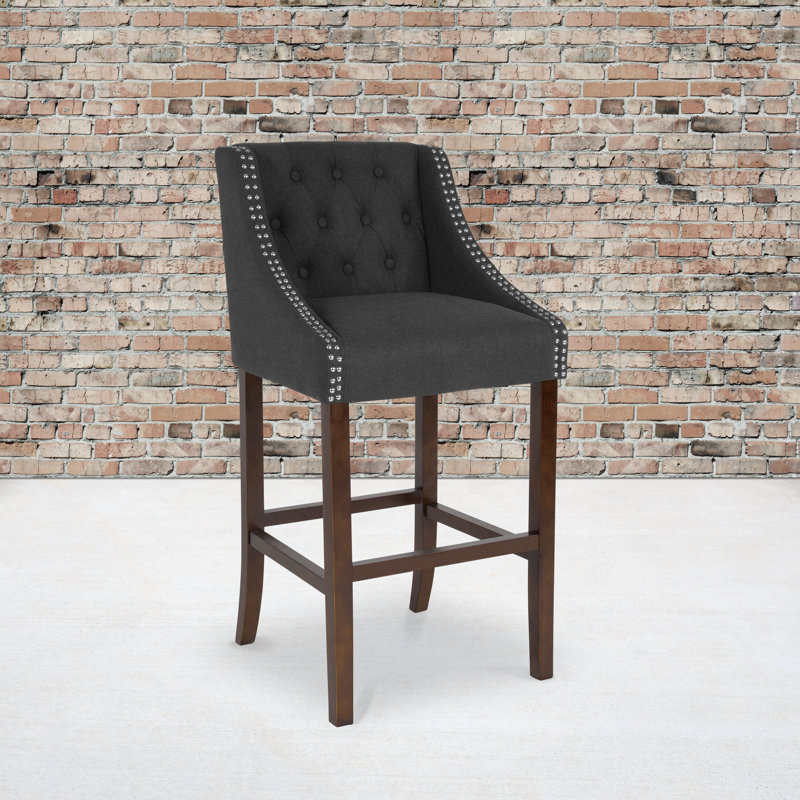 Charcoal Tufted 30" Wood Bar Stool with Nail Trim