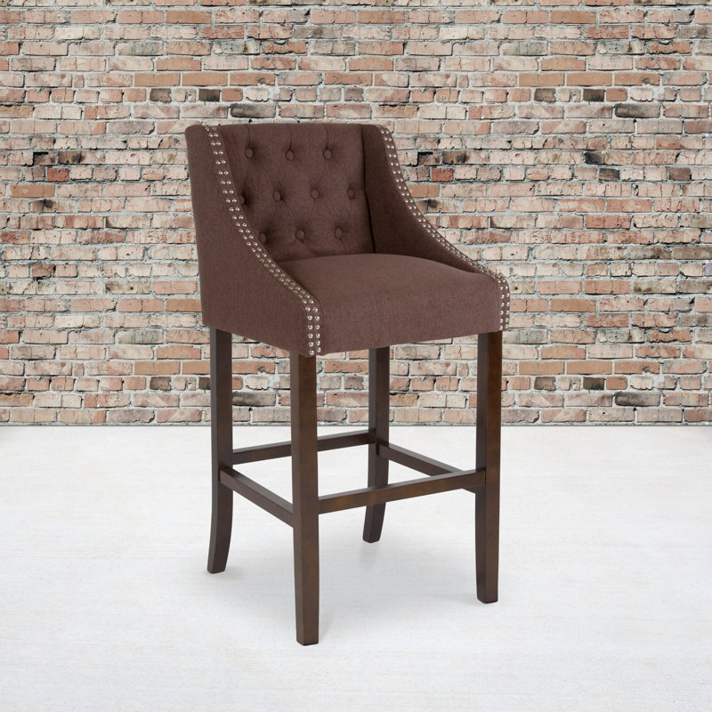 Charcoal Tufted 30" Wood Bar Stool with Nail Trim