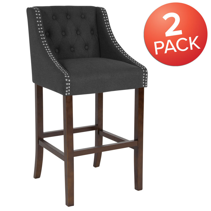 Charcoal Tufted 30" Wood Bar Stool with Nail Trim