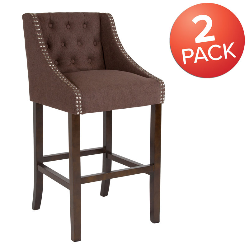 Charcoal Tufted 30" Wood Bar Stool with Nail Trim