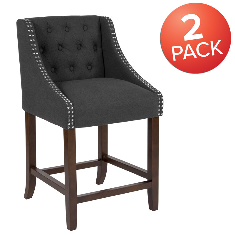Transitional Charcoal Fabric Tufted Walnut Wood Counter Stool, Set of 2