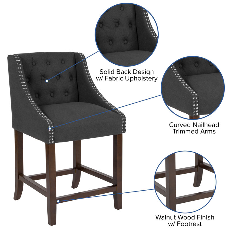 Transitional Charcoal Fabric Tufted Walnut Wood Counter Stool, Set of 2