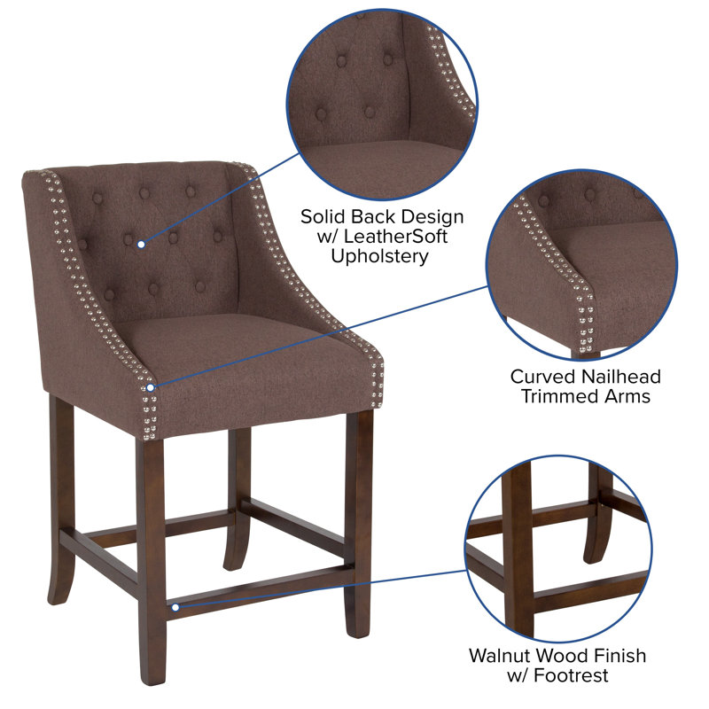 Transitional Charcoal Fabric Tufted Walnut Wood Counter Stool, Set of 2