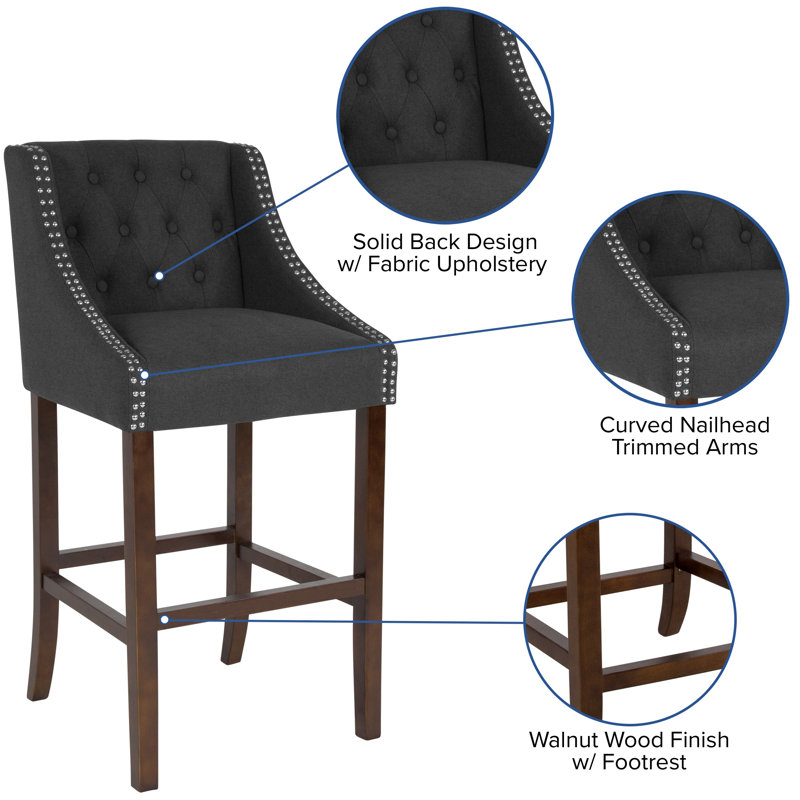 Charcoal Tufted 30" Wood Bar Stool with Nail Trim